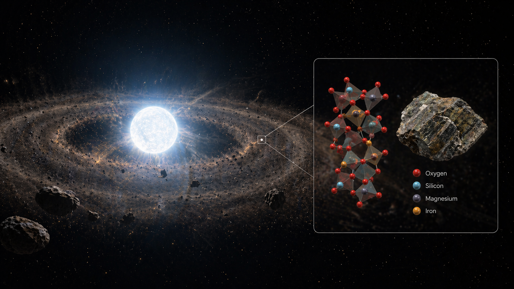 Artistic representation of a white dwarf with a circumstellar disk from tidal disruption of a planetesimal